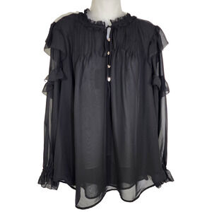 NWT Lane Bryant Womens Split Neck Popover Blouse Black Sheer Ruffle Pleated 18